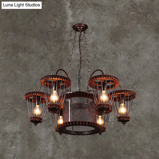 Rust Finish Large Cage Chandelier: Wrought Iron Industrial Pendant Light Fixture 6 /