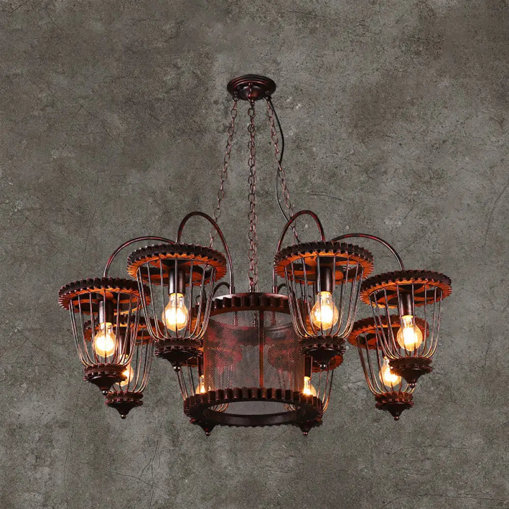 Large Cage Chandelier: Industrial Style Pendant Light Fixture In Wrought Iron With Rust Finish 8 /