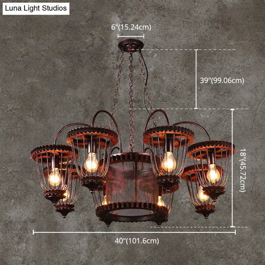 Rust Finish Large Cage Chandelier: Wrought Iron Industrial Pendant Light Fixture