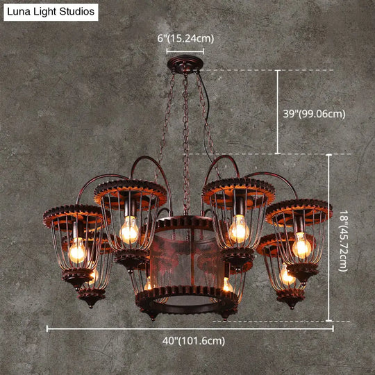 Large Cage Chandelier: Industrial Style Pendant Light Fixture In Wrought Iron With Rust Finish