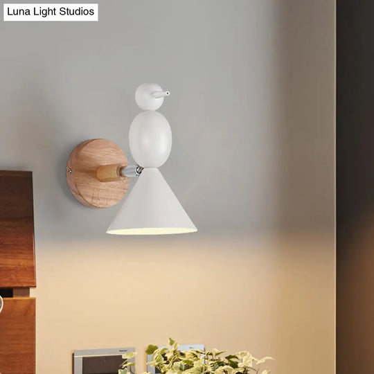 Lark Rotatable Wall Light - Nordic Iron 1-Light White Sconce For Bedroom With Wood Backplate