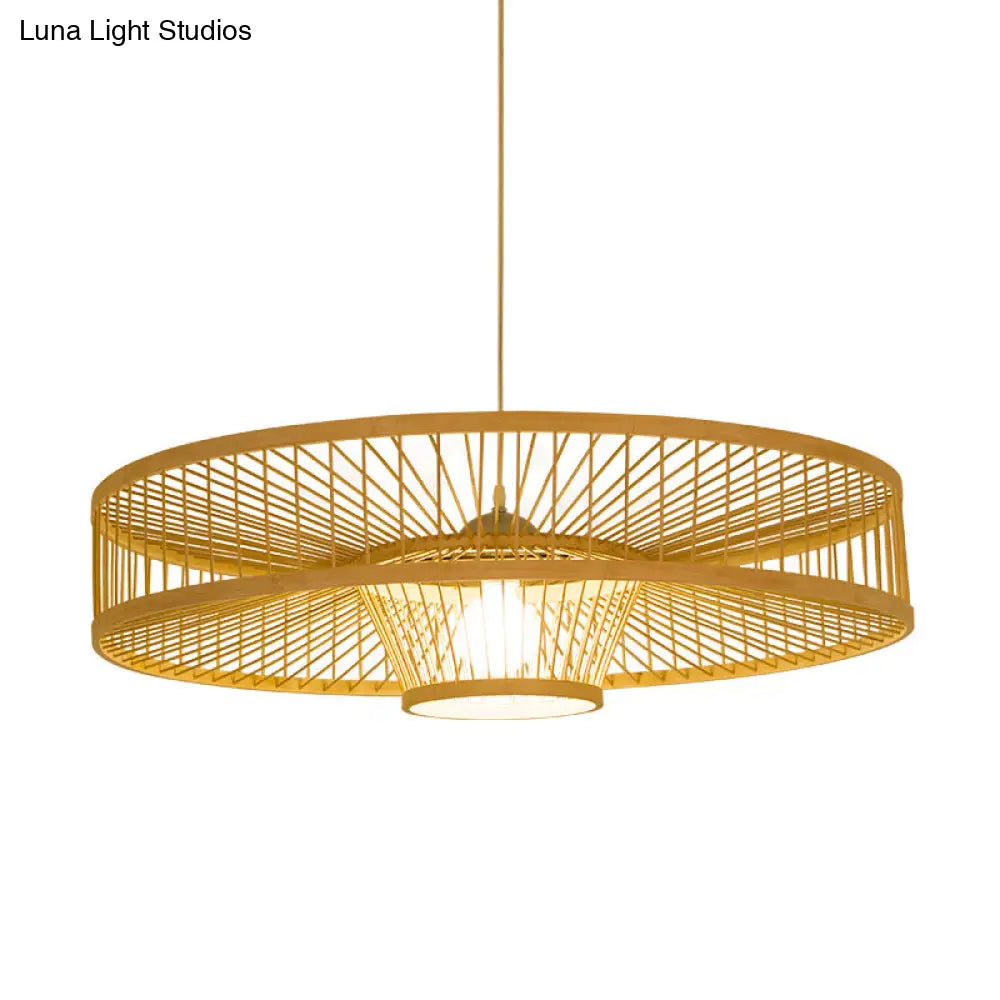 Laser Cut Bamboo Pendant Light With Japanese-Inspired Design In Beige