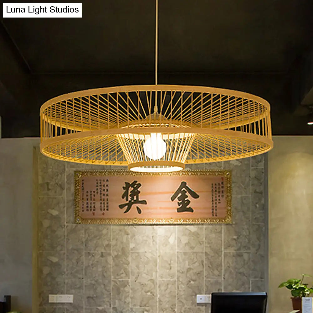 Laser Cut Bamboo Pendant Light With Japanese-Inspired Design In Beige