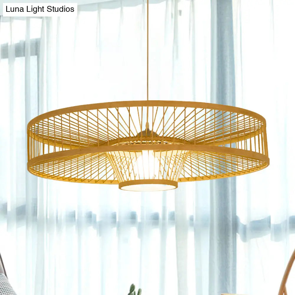 Laser Cut Bamboo Pendant Light With Japanese-Inspired Design In Beige