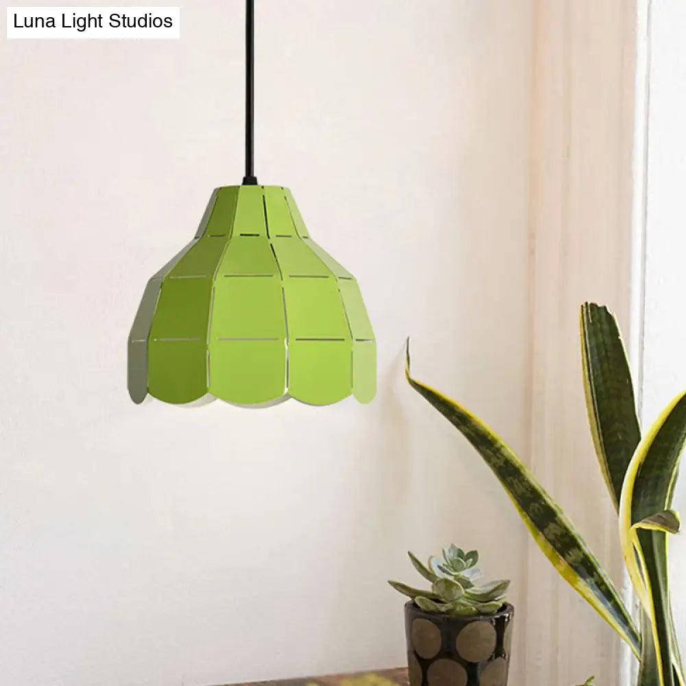 Laser Cut Floral Aluminum Pendant Hanging Light Fixture - Green/Yellow/Grey Macaron Design