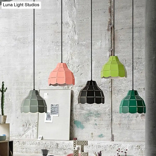 Laser Cut Floral Aluminum Pendant Hanging Light Fixture - Green/Yellow/Grey Macaron Design