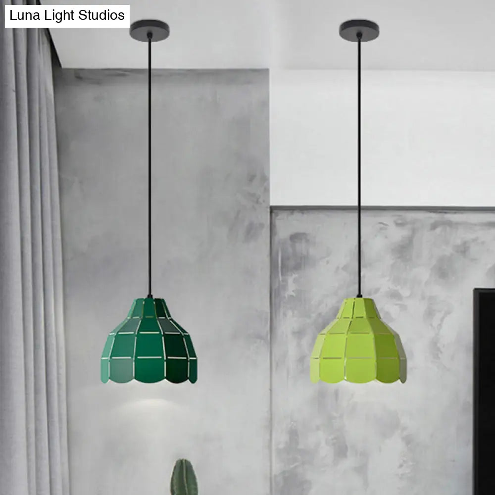 Laser Cut Floral Aluminum Pendant Hanging Light Fixture - Green/Yellow/Grey Macaron Design