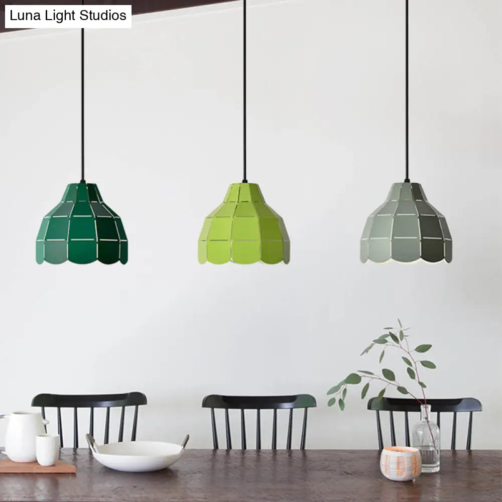 Laser Cut Floral Aluminum Pendant Hanging Light Fixture - Green/Yellow/Grey Macaron Design