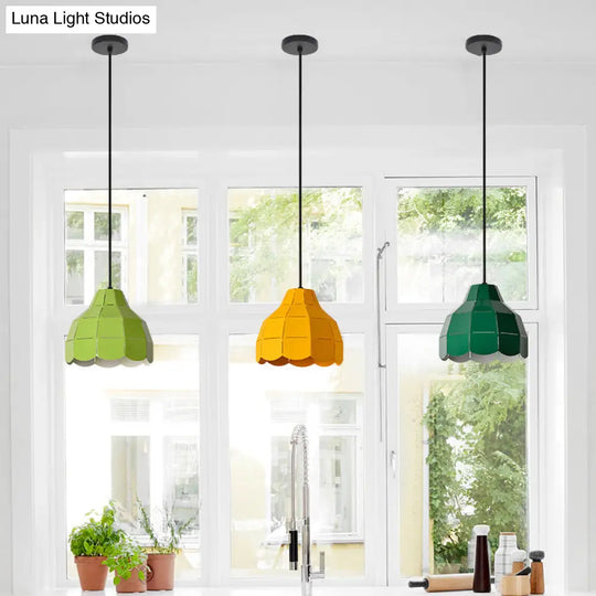 Laser Cut Floral Aluminum Pendant Hanging Light Fixture - Green/Yellow/Grey Macaron Design