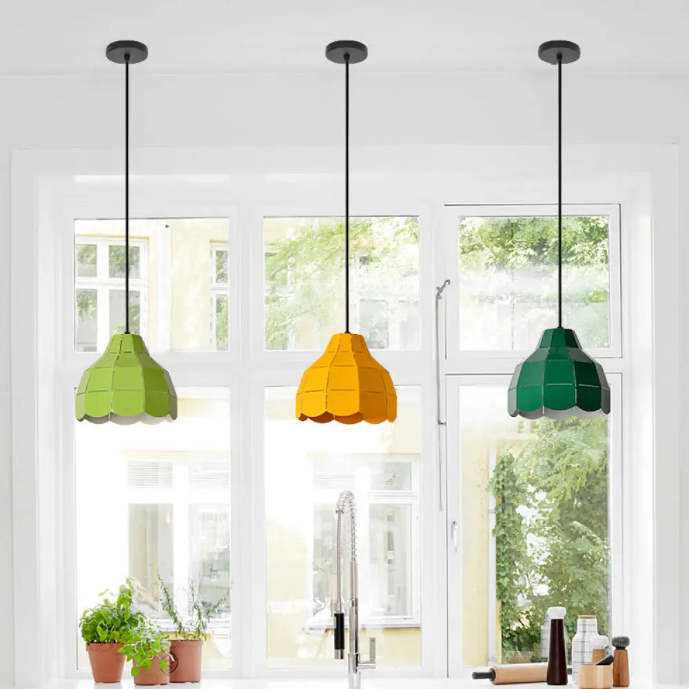 Laser Cut Floral Aluminum Pendant Hanging Light Fixture - Green/Yellow/Grey Macaron Design Yellow