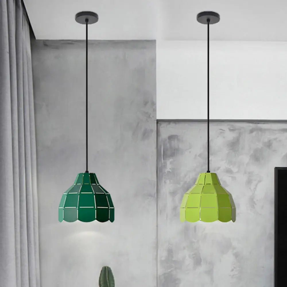 Laser Cut Floral Aluminum Pendant Hanging Light Fixture - Green/Yellow/Grey Macaron Design Dark