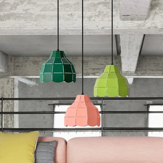 Laser Cut Floral Aluminum Pendant Hanging Light Fixture - Green/Yellow/Grey Macaron Design Pink