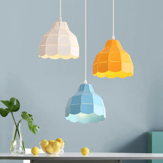 Laser Cut Floral Aluminum Pendant Hanging Light Fixture - Green/Yellow/Grey Macaron Design White