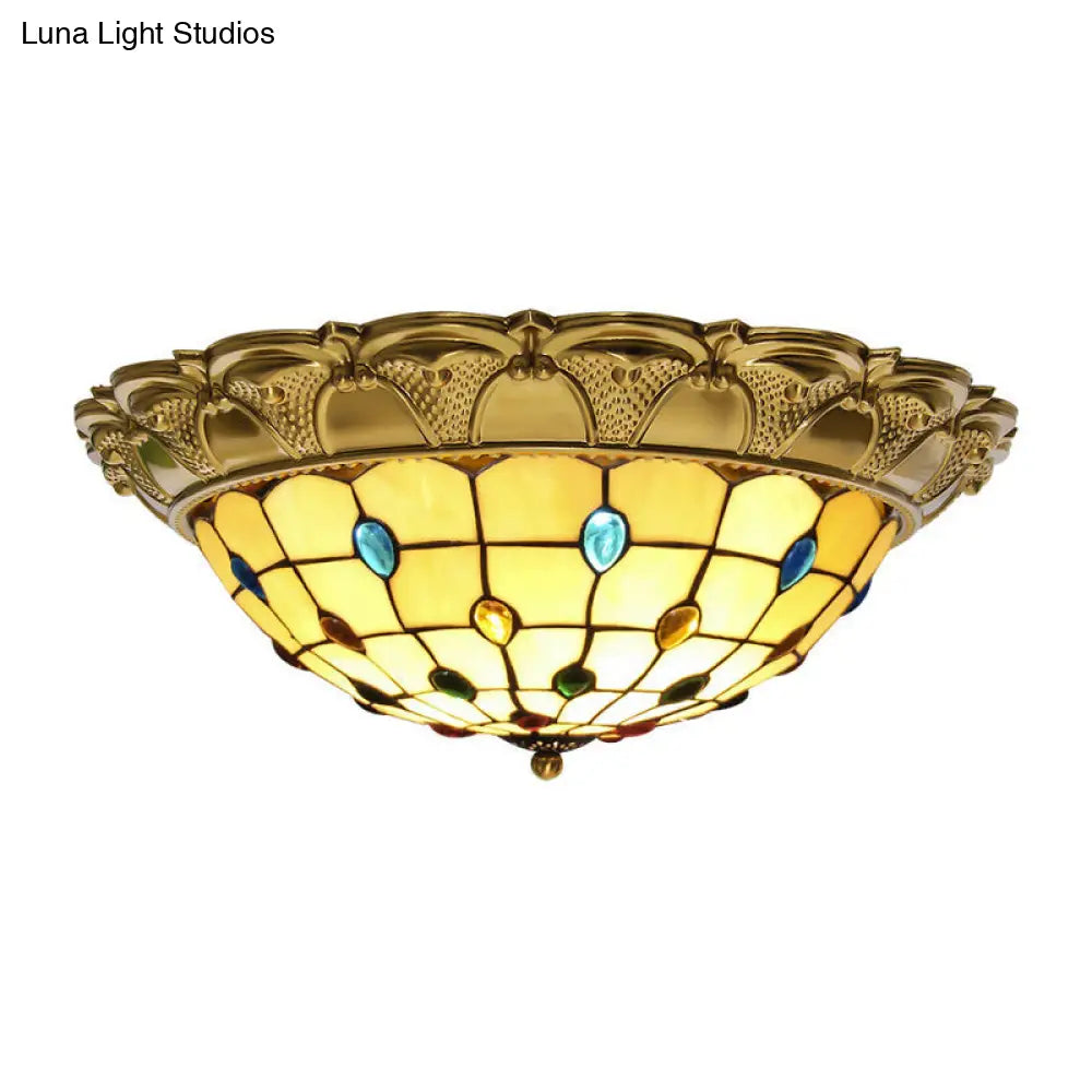 Lattice Bowl Flushmount Led Stained Glass Tiffany Style Ceiling Fixture In Brass Various Sizes