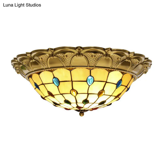 Lattice Bowl Flushmount Led Stained Glass Tiffany Style Ceiling Fixture In Brass Various Sizes