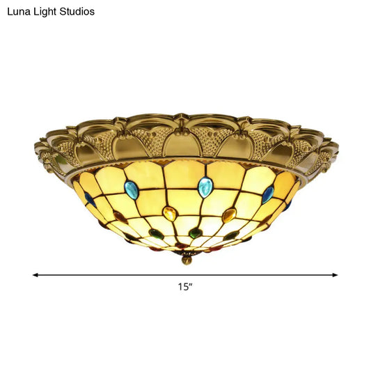 Lattice Bowl Flushmount Led Stained Glass Tiffany Style Ceiling Fixture In Brass Various Sizes