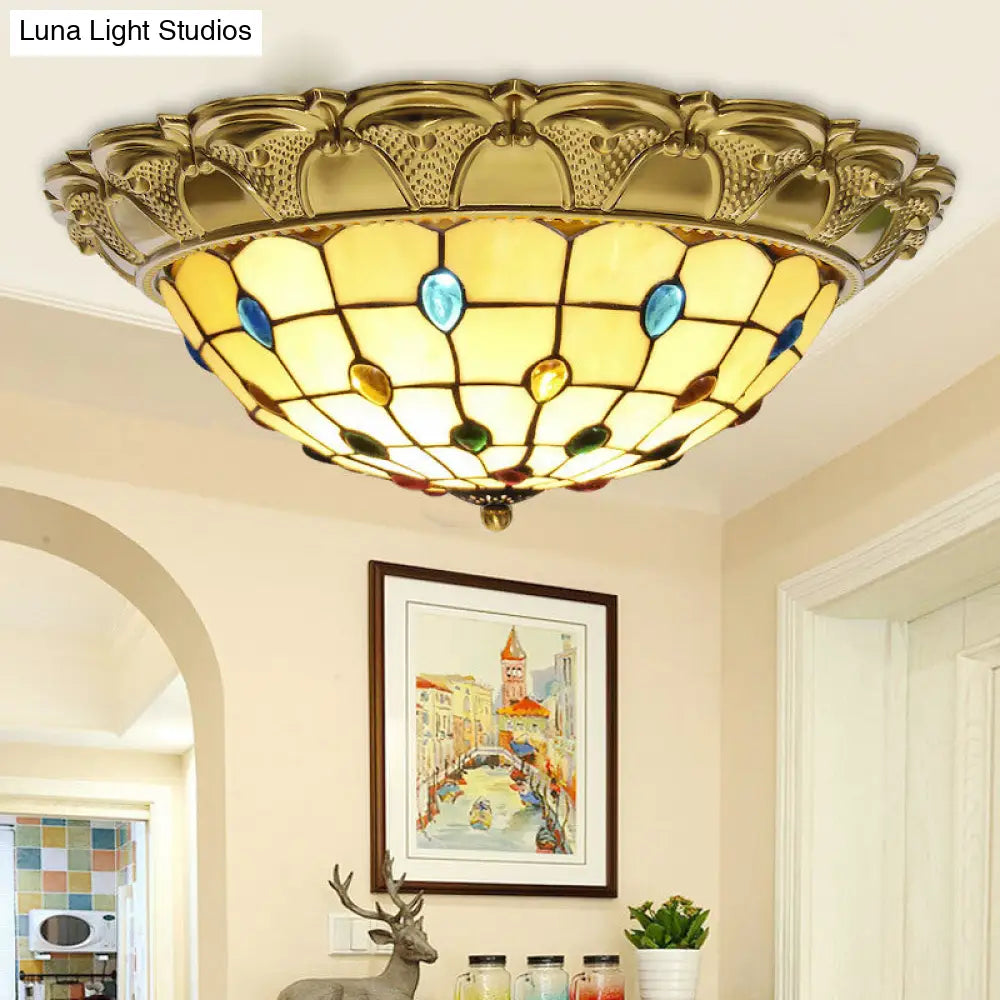 Lattice Bowl Flushmount Led Stained Glass Tiffany Style Ceiling Fixture In Brass Various Sizes