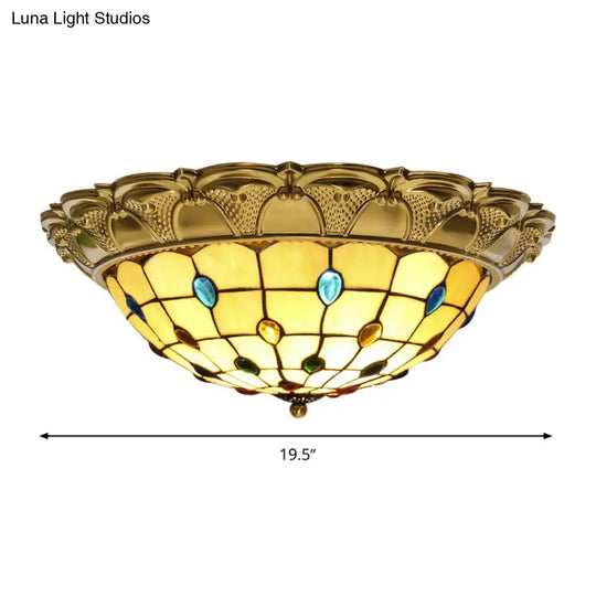 Lattice Bowl Flushmount Led Stained Glass Tiffany Style Ceiling Fixture In Brass Various Sizes