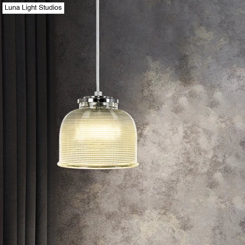 Modernist Latticed Glass Bowl Pendant Light - Chrome Ceiling Lamp For Table