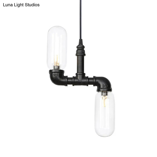 Laura - Black Clear Glass Capsule Shade Pendant Antiqued 2-Head Coffee Shop Led Ceiling Chandelier