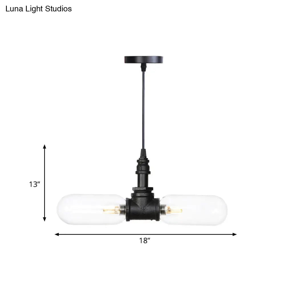 Laura - Black Clear Glass Capsule Shade Pendant Antiqued 2-Head Coffee Shop Led Ceiling Chandelier