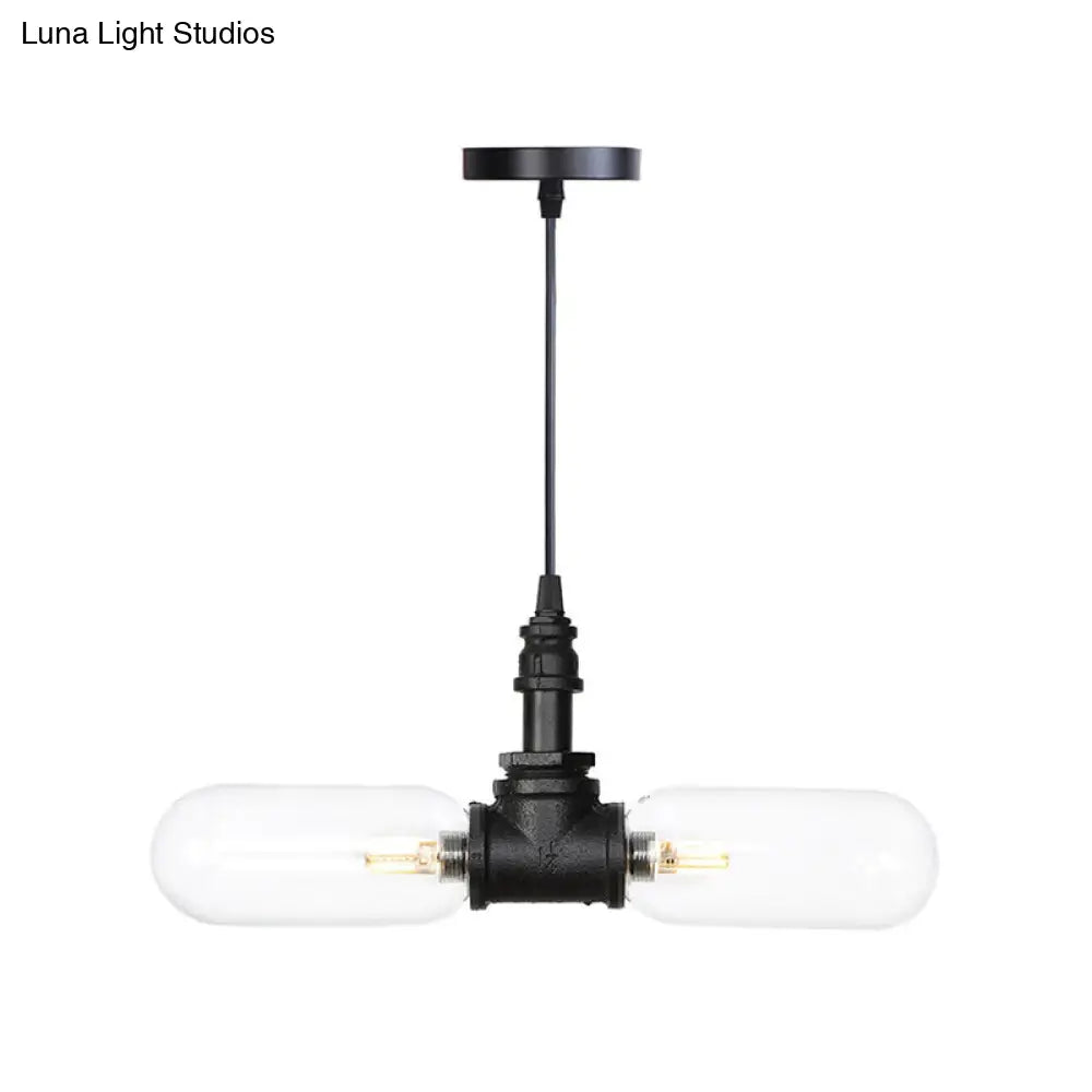 Laura - Black Clear Glass Capsule Shade Pendant Antiqued 2-Head Coffee Shop Led Ceiling Chandelier