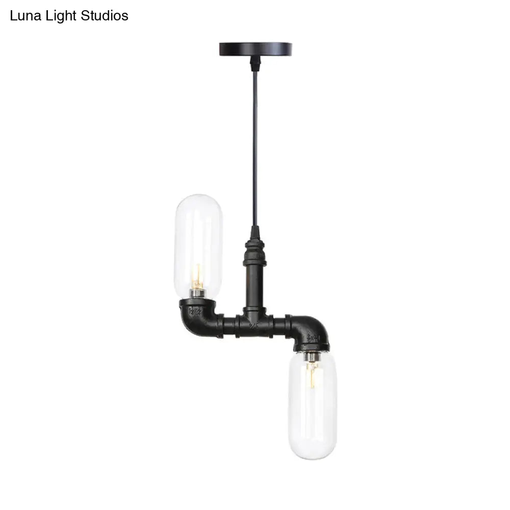 Laura - Black Clear Glass Capsule Shade Pendant Antiqued 2-Head Coffee Shop Led Ceiling Chandelier