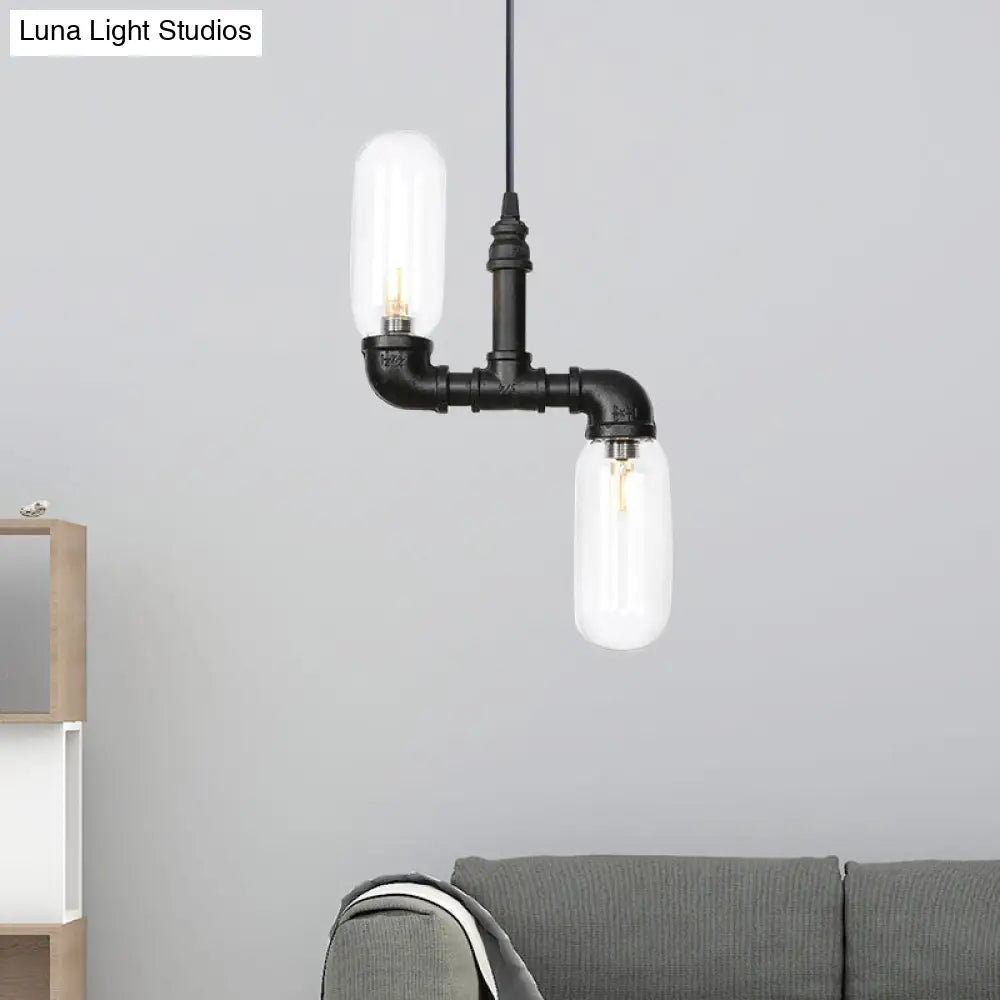 Laura - Black Clear Glass Capsule Shade Pendant Antiqued 2-Head Coffee Shop Led Ceiling Chandelier