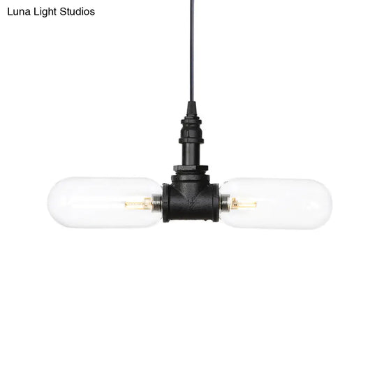 Laura - Black Clear Glass Capsule Shade Pendant Antiqued 2-Head Coffee Shop Led Ceiling Chandelier