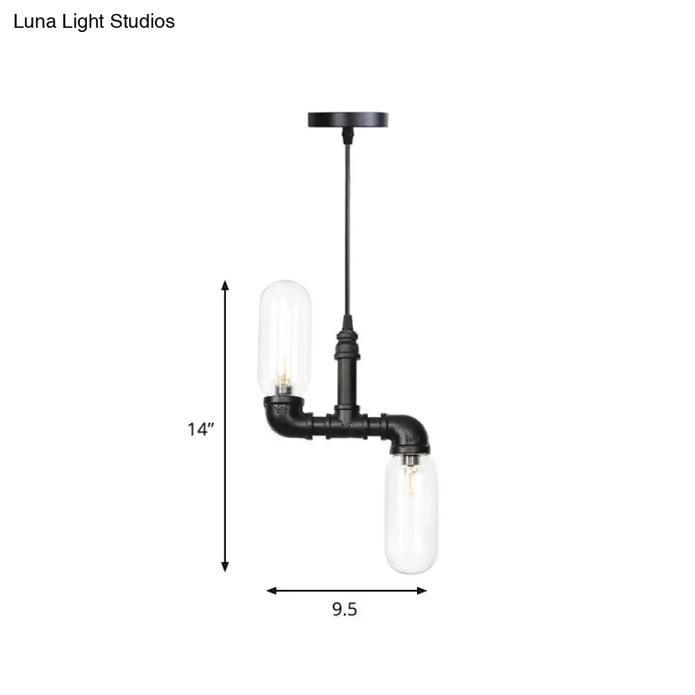 Laura - Black Clear Glass Capsule Shade Pendant Antiqued 2-Head Coffee Shop Led Ceiling Chandelier