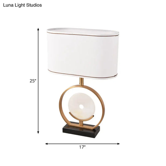 Modern Fabric Table Lamp - Ellipse Nightstand Light White 1-Light With Faux Jade Decor