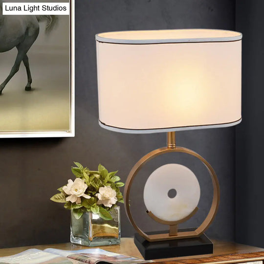 Modern Fabric Table Lamp - Ellipse Nightstand Light White 1-Light With Faux Jade Decor