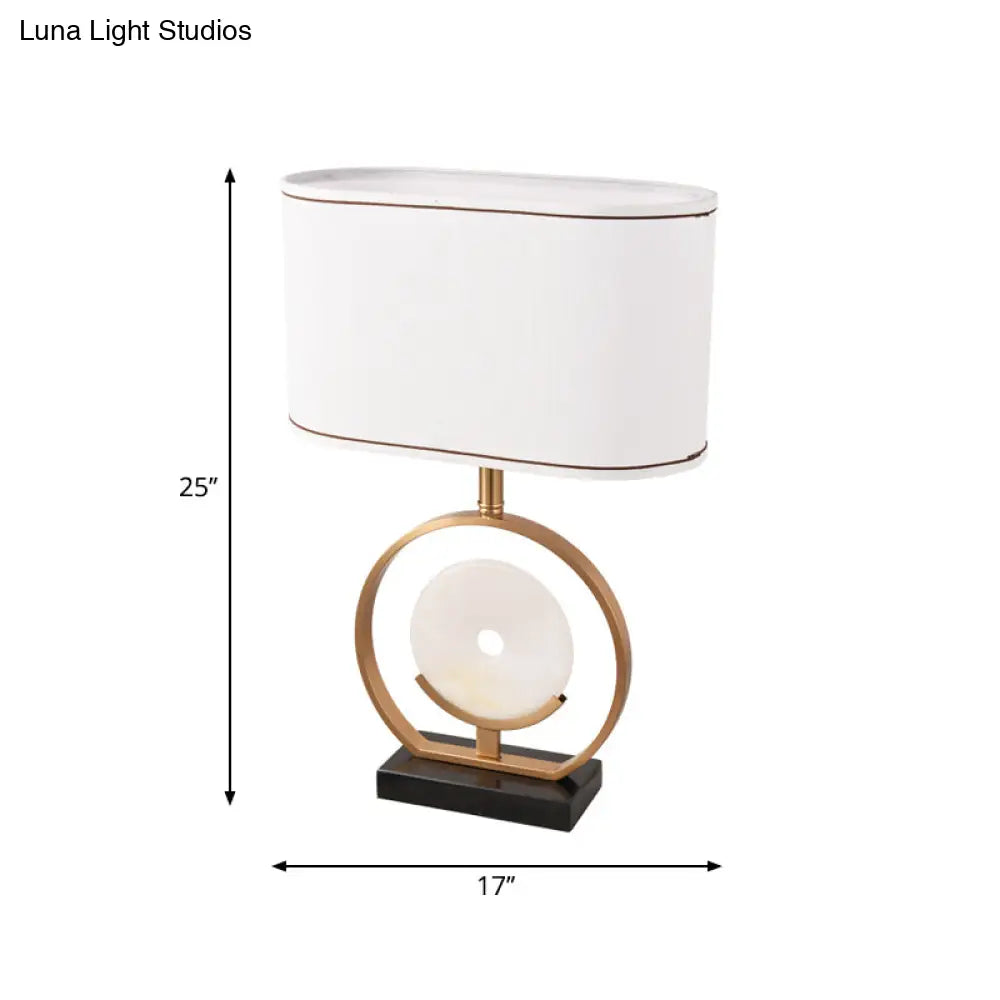 Laura - Ellipse Nightstand Light Modern Fabric 1 White Table Lamp With Faux Jade Decor