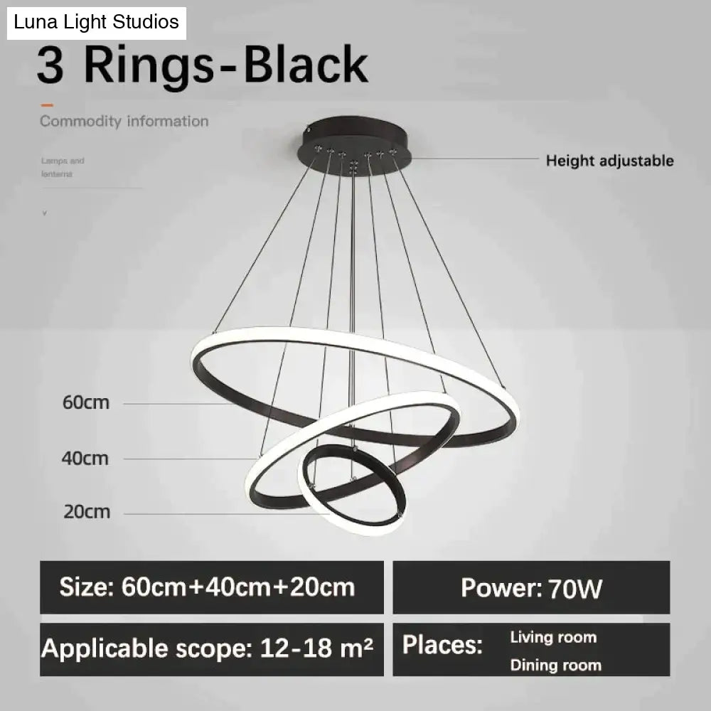 Laya - Minimalist Led Ring Pendant Light 3 Rings-Black / Ac80-265V Brightness Dimmable