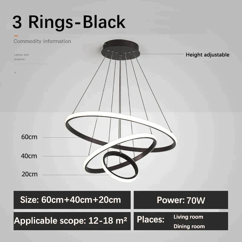 Laya - Minimalist Led Ring Pendant Light 3 Rings-Black / Ac80-265V Brightness Dimmable