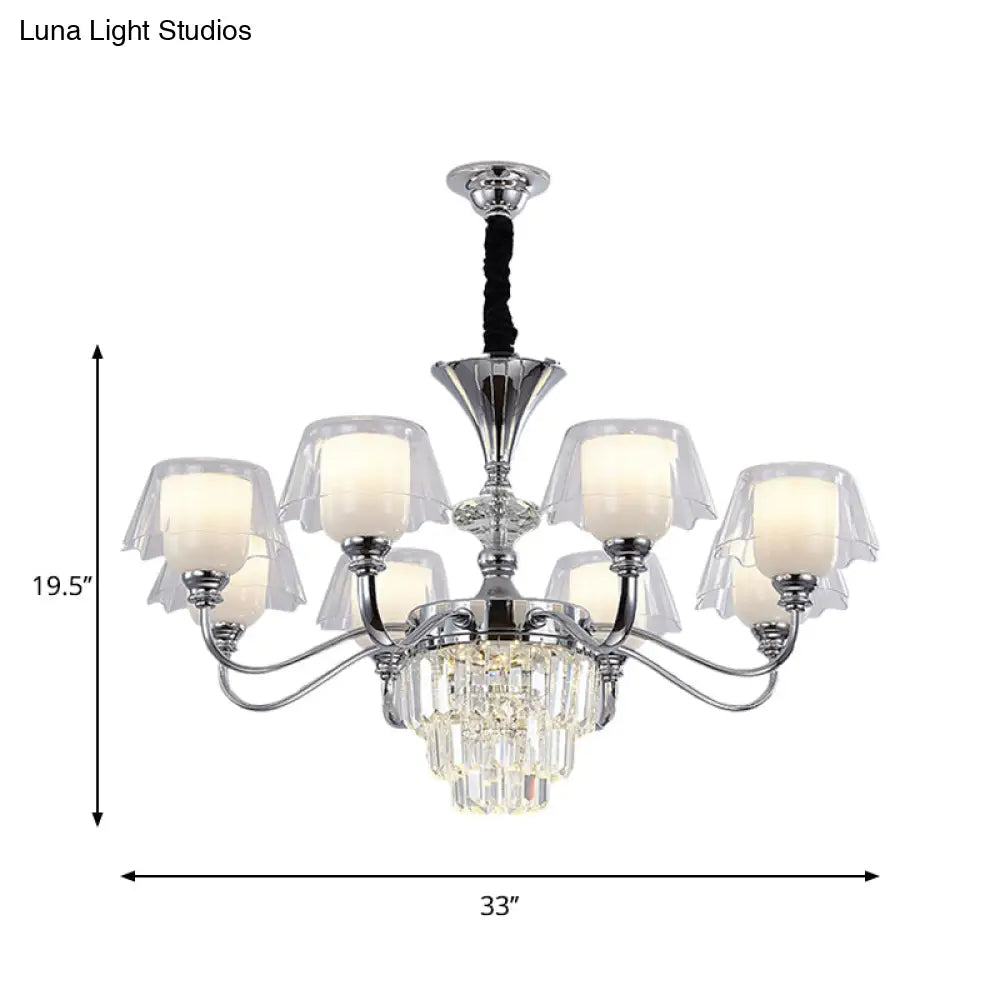 Layered Chandelier Minimalist Crystal Block Pendant - Chrome Ceiling Lighting With Clear Glass