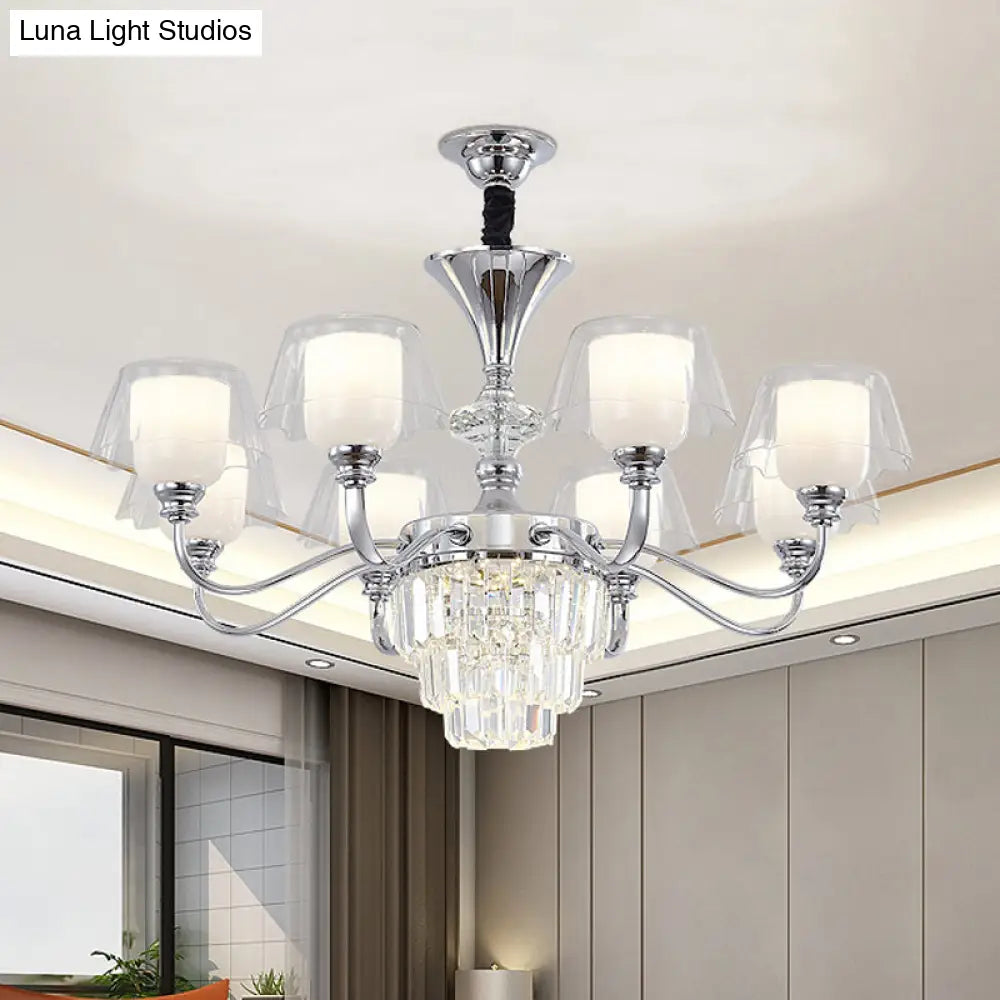 Layered Chandelier Minimalist Crystal Block Pendant - Chrome Ceiling Lighting With Clear Glass