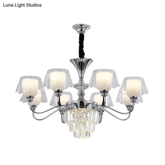 Layered Chandelier Minimalist Crystal Block Pendant - Chrome Ceiling Lighting With Clear Glass