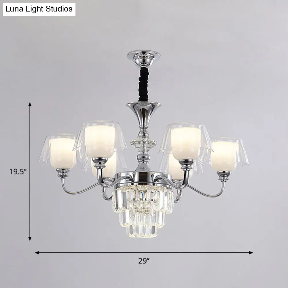 Layered Chandelier Minimalist Crystal Block Pendant - Chrome Ceiling Lighting With Clear Glass