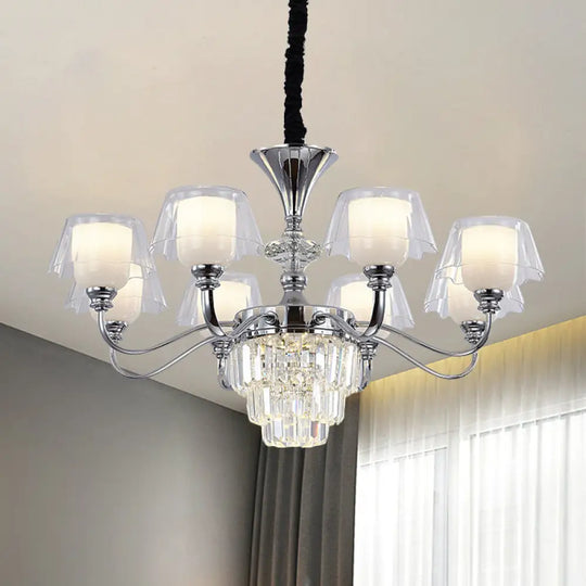 Layered Chandelier Minimalist Crystal Block Pendant - Chrome Ceiling Lighting With Clear Glass