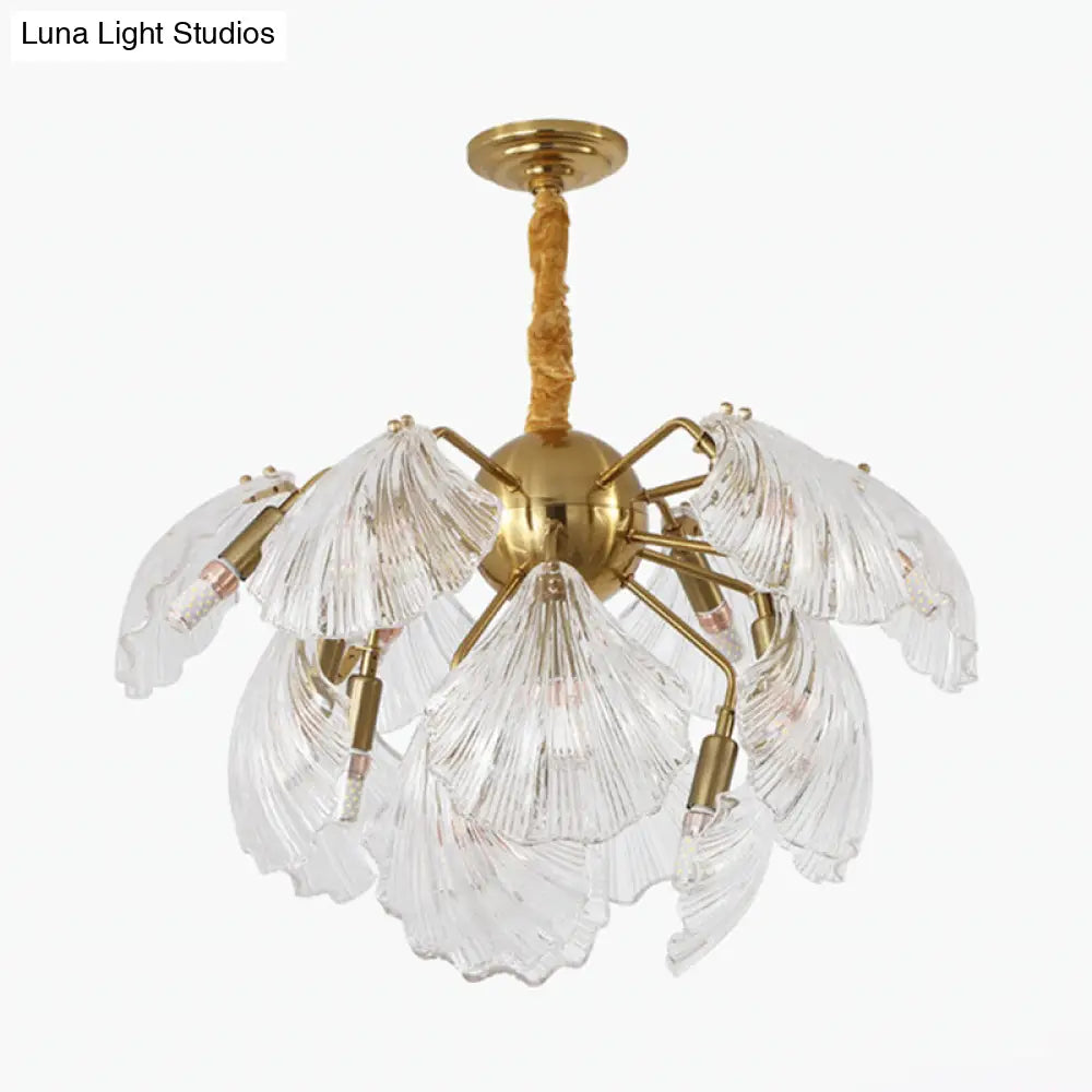 Layered Scallop Hanging Light - Nautical Gold Glass Pendant Chandelier (15/20 Bulbs)