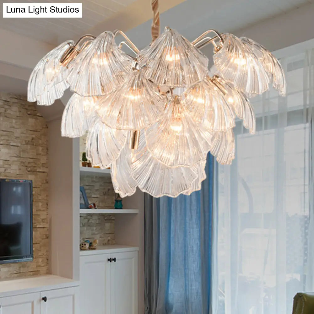 Layered Scallop Hanging Light - Nautical Gold Glass Pendant Chandelier (15/20 Bulbs)