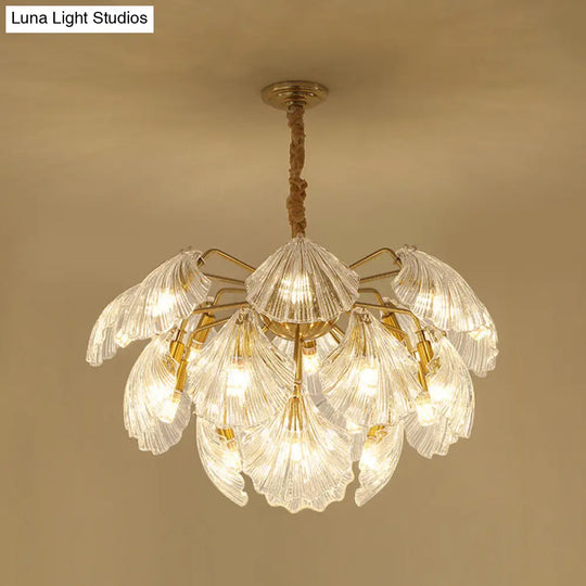 Nautical Gold Glass Pendant Chandelier - 15/20 Bulbs Layered Scallop Hanging Light 15 /