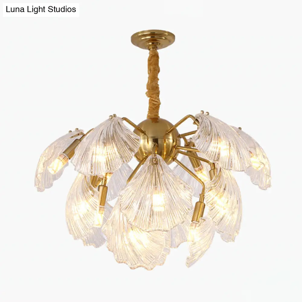 Layered Scallop Hanging Light - Nautical Gold Glass Pendant Chandelier (15/20 Bulbs)