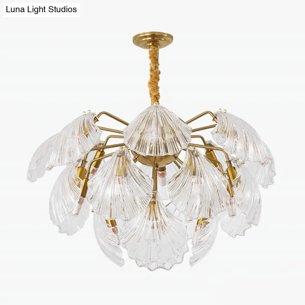 Layered Scallop Hanging Light - Nautical Gold Glass Pendant Chandelier (15/20 Bulbs)