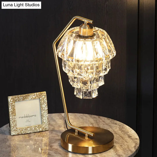 Contemporary Tiered Crystal Nightstand Lamp With Angled Arm 1 Light Brass Finish