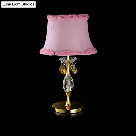 Sleek Pink Crystal Urn Nightstand Lamp For Bedroom - Bell Fabric Table With 1 Light