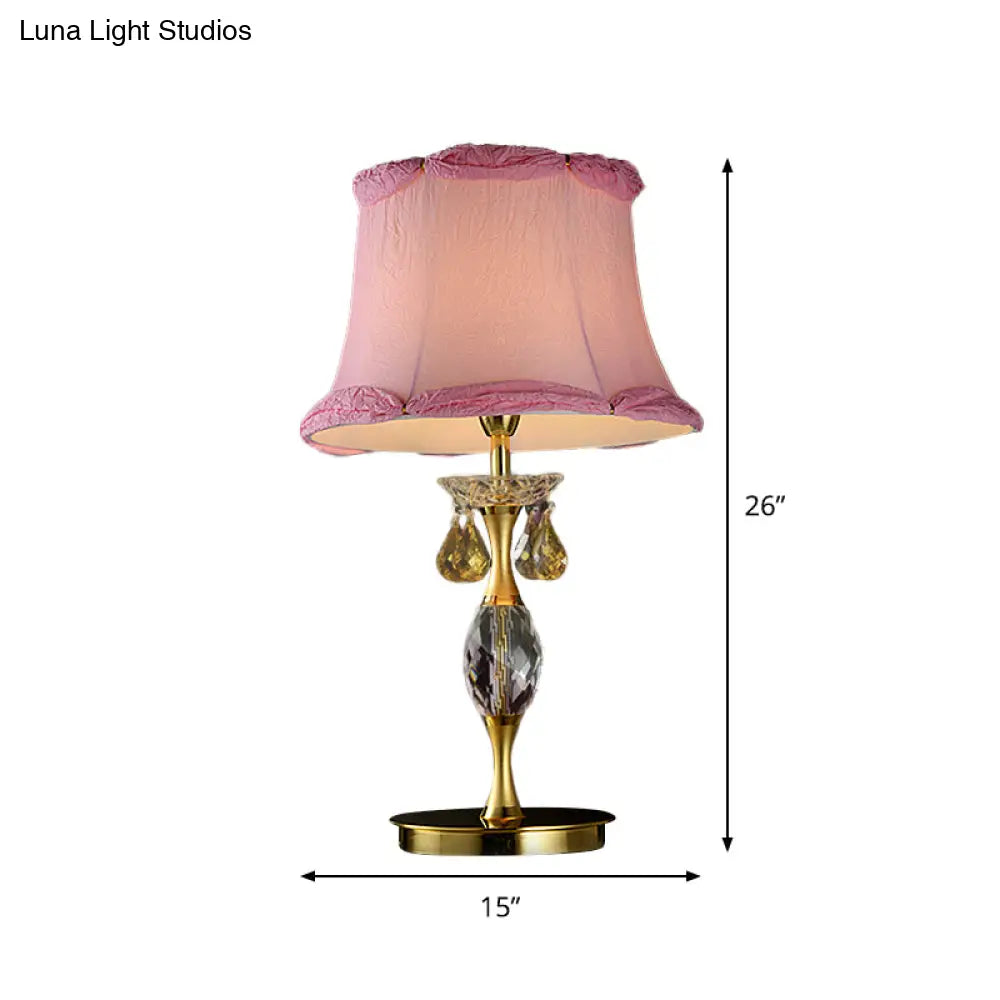 Layla - Pink Bell Fabric Night Table Lamp Simple 1 Light Bedroom Nightstand In With Crystal Urn Base