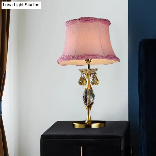 Sleek Pink Crystal Urn Nightstand Lamp For Bedroom - Bell Fabric Table With 1 Light