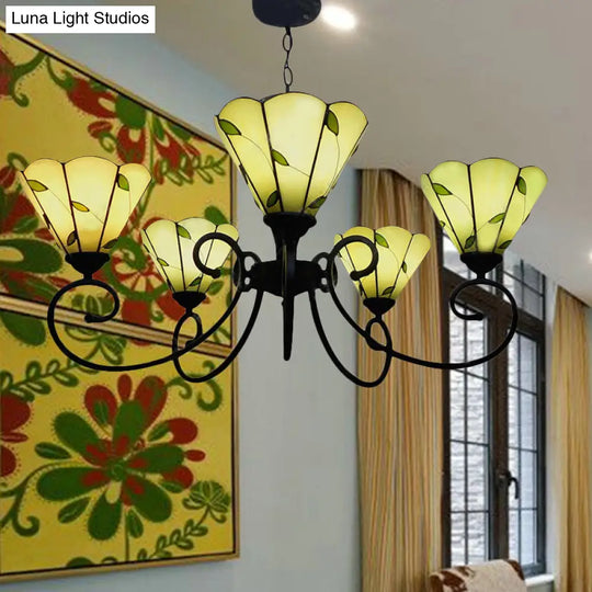 Leaf Chandelier Pendant Light With Stained Glass 5 Lights Loft Style In Beige